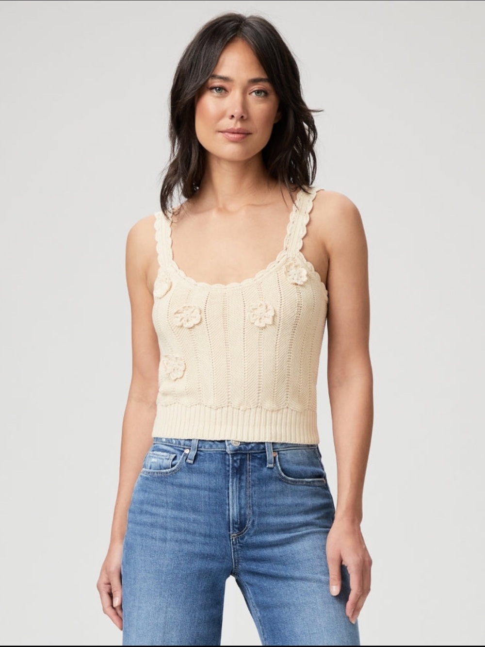 PAIGE Mana Crochet Top Ecru Floral Appliqué Cotton Knit Tank XS